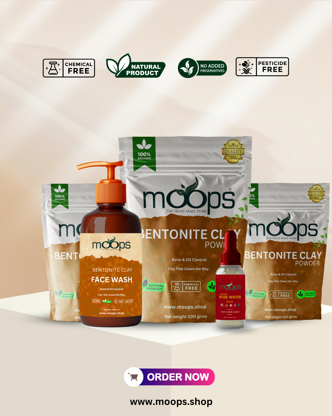 Moops Bentonite Clay Powder 100 grm  Face wash 200ml  and 100 % Rose Water combo 