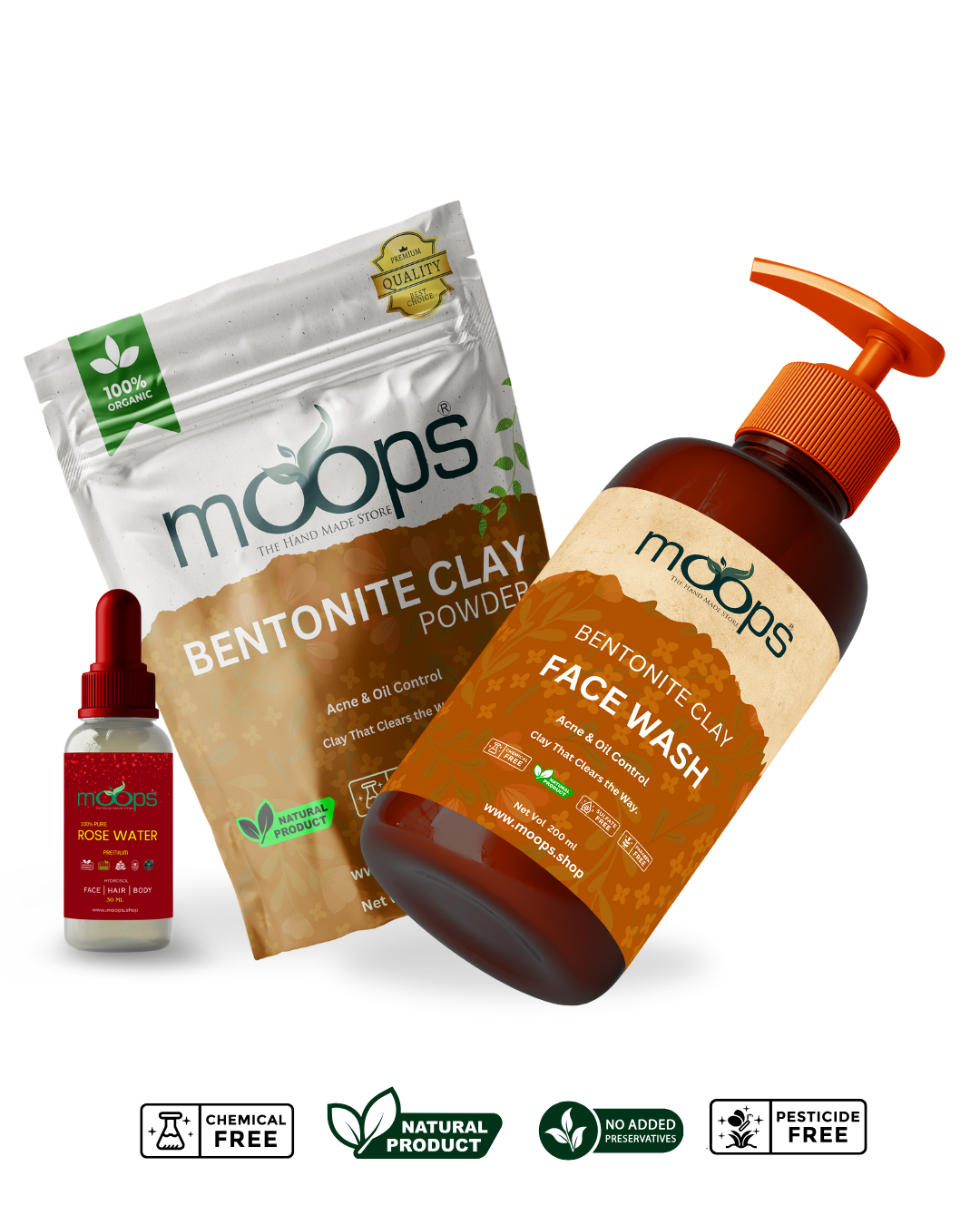 Moops Bentonite Clay Powder 100 grm  Face wash 200ml  and 100 % Rose Water combo 