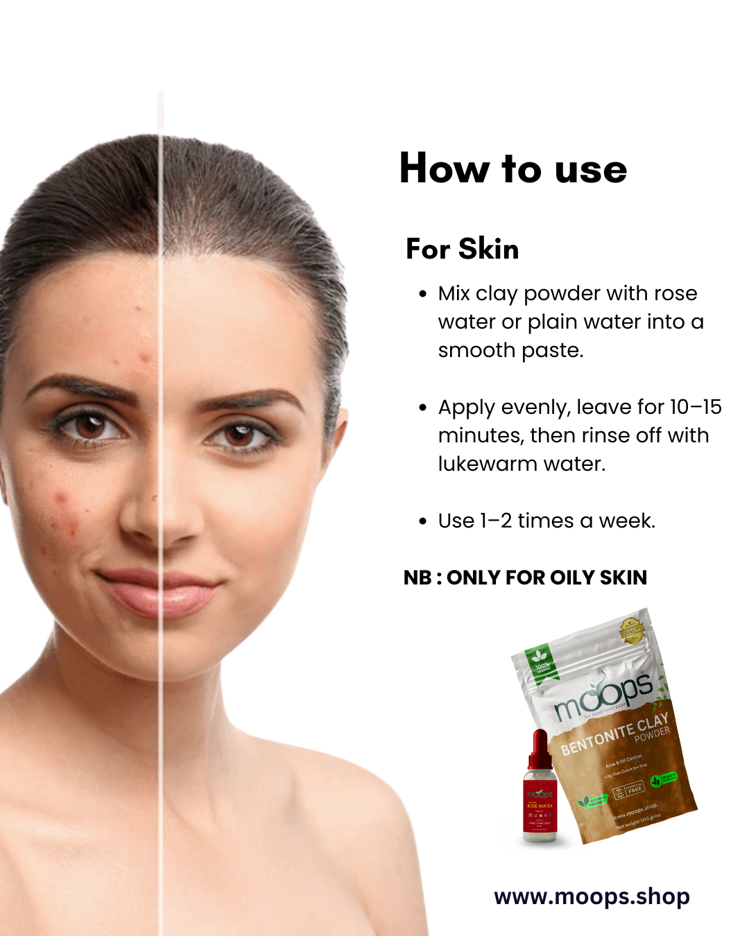 Moops Bentonite Clay Powder 100 grm  Face wash 200ml  and 100 % Rose Water combo 