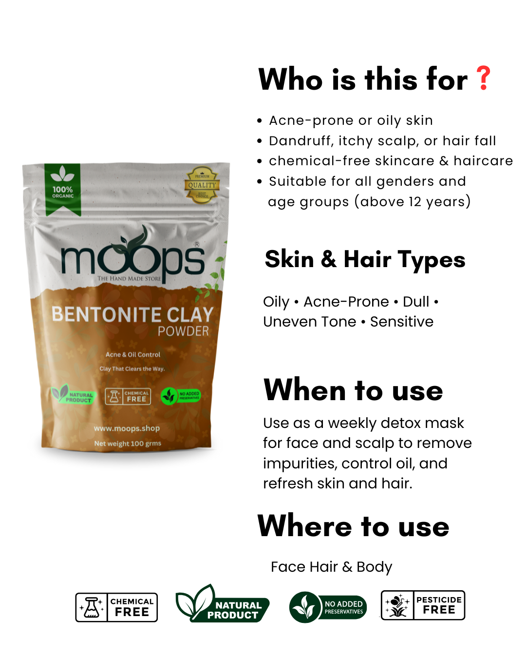 Moops Bentonite Clay Powder 100 grm  Face wash 200ml  and 100 % Rose Water combo 