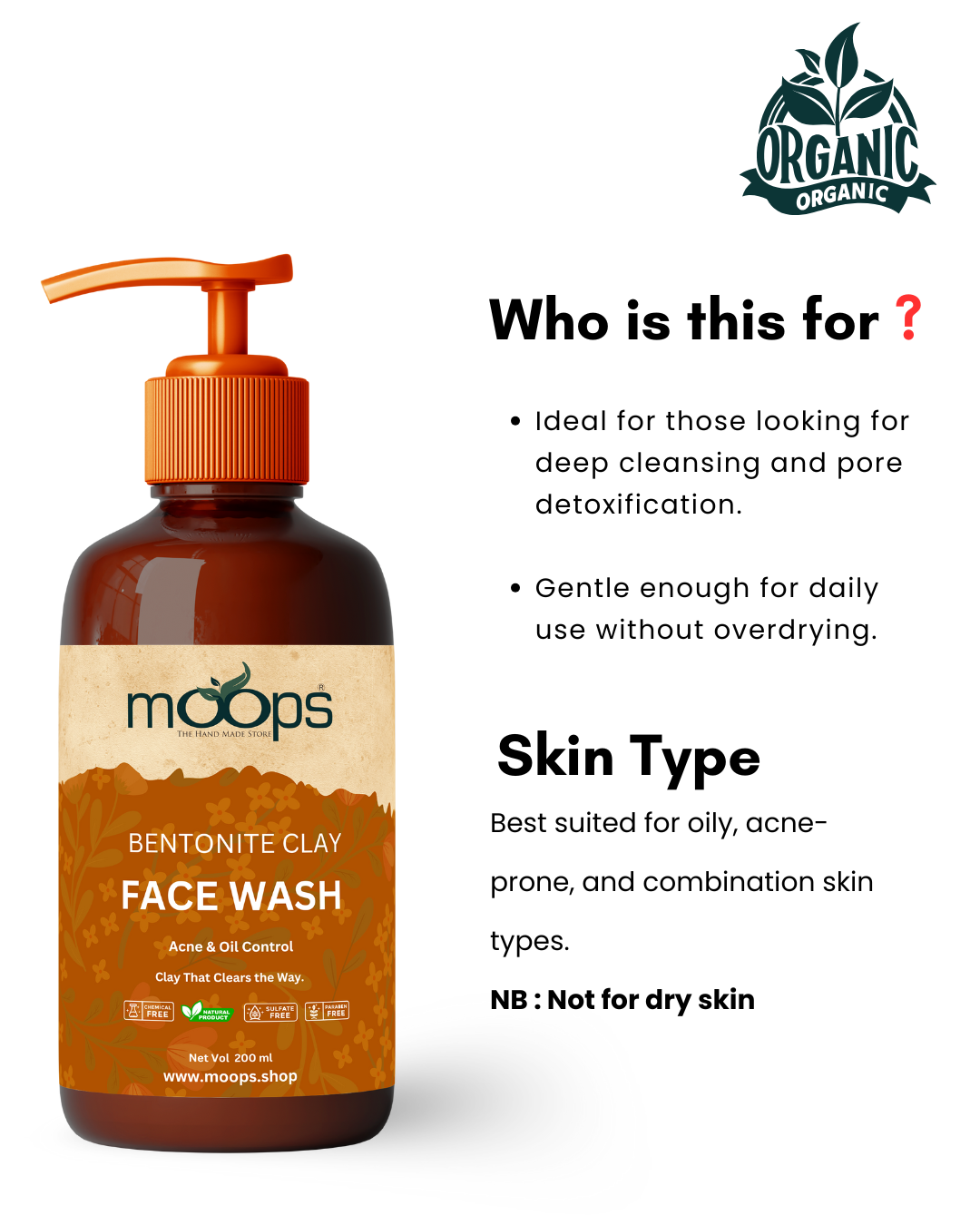 Moops Bentonite Clay Powder 100 grm  Face wash 200ml  and 100 % Rose Water combo 