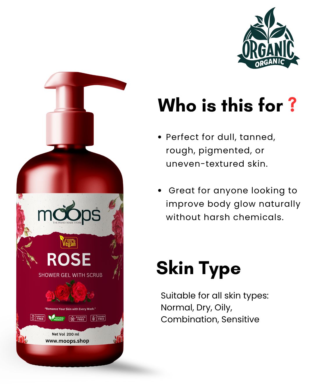 Moops Rose Shower Gel with Scrubber