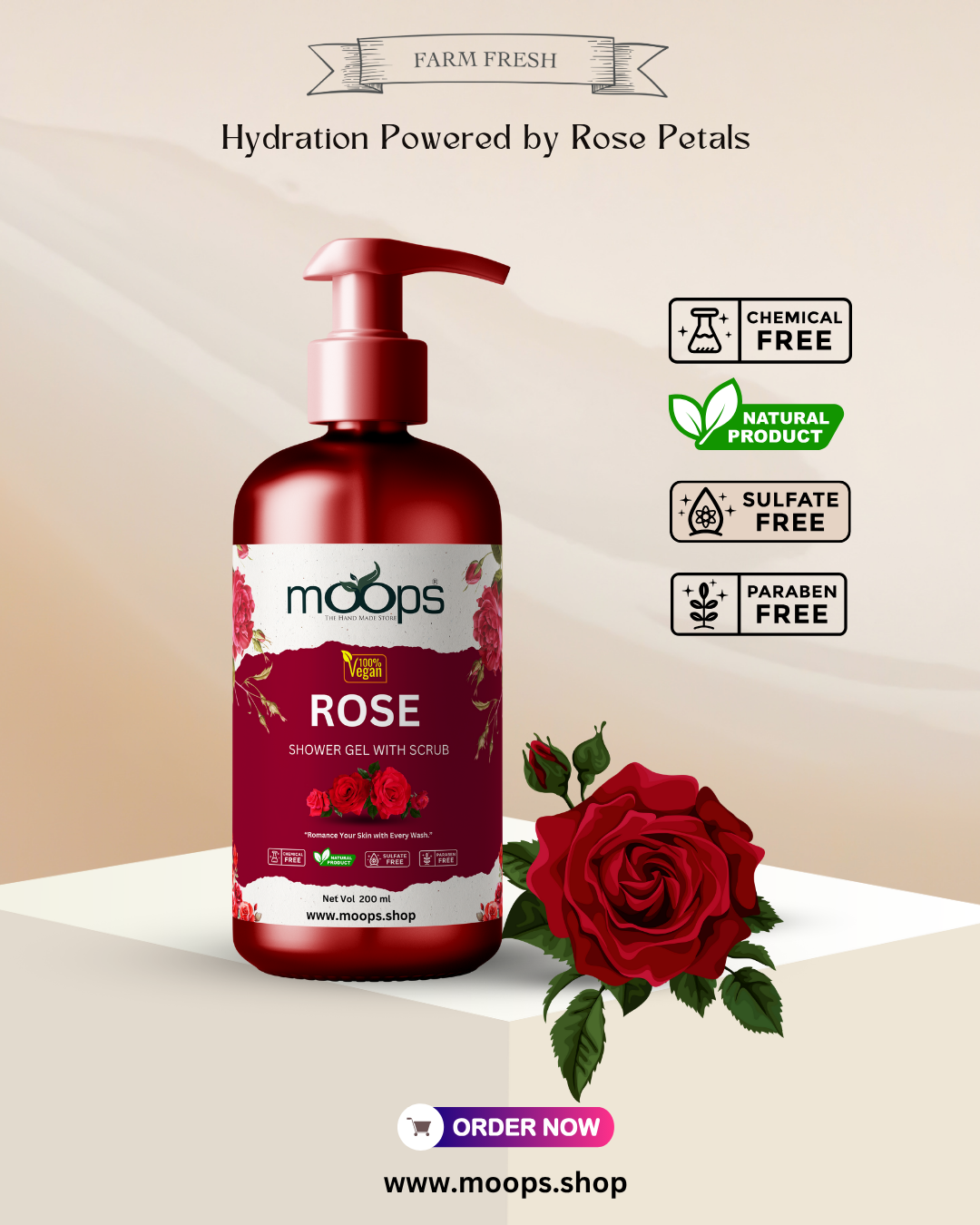 Moops Rose Shower Gel with Scrubber