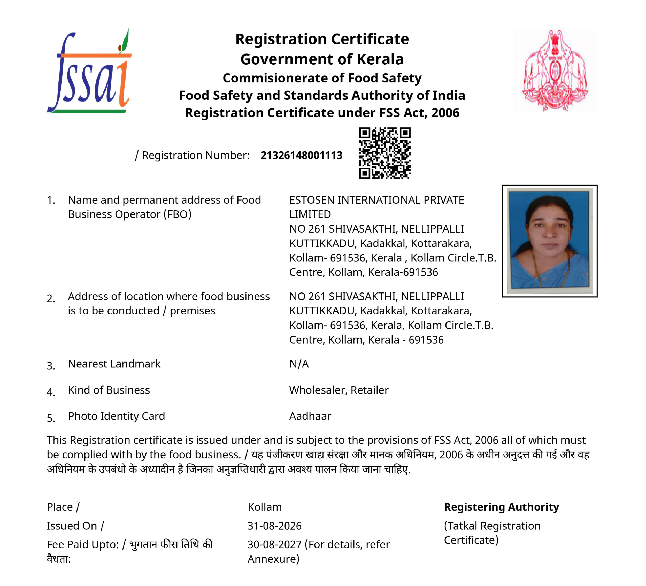 Licensed and Registered for Food Business Operations