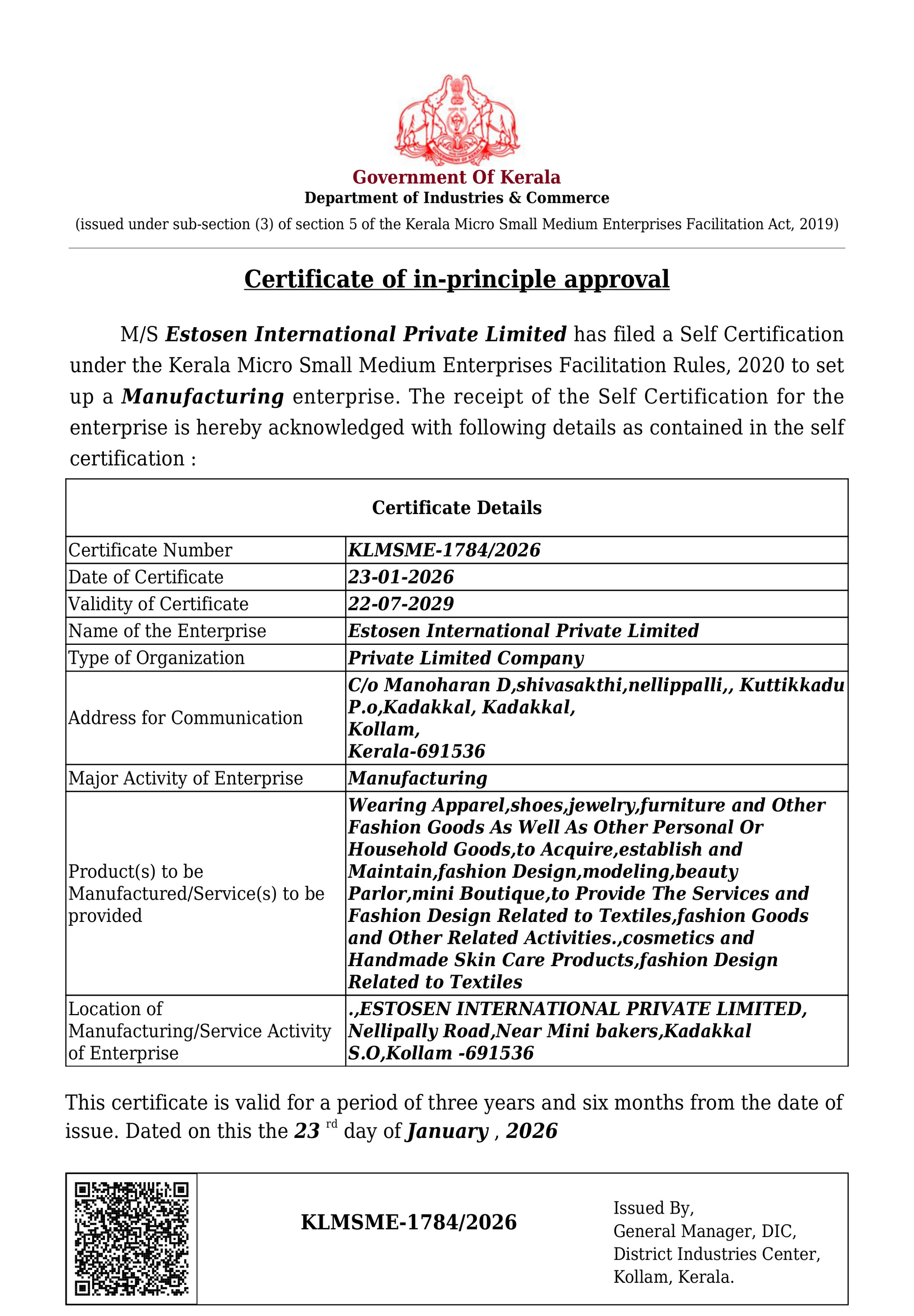 Recognised as a Manufacturing Enterprise